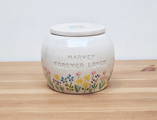 Personalised handmade ceramic pet urn with floral Garden Blossom design – custom memorial urn for dog, cat, or small pet ashes.