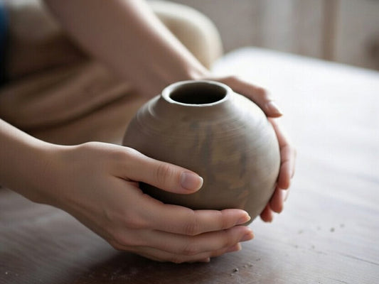 Potter's hands gently holding a handmade ceramic pet cremation urn in a sunlit studio